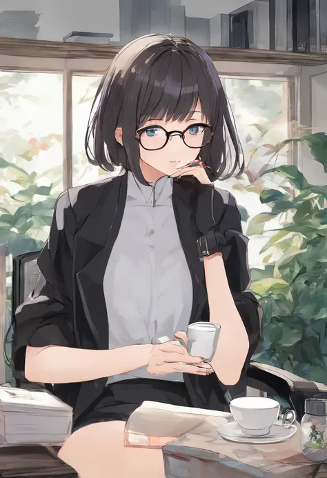 (femele),(short-hair),(small mouth),Black Round Clear Glass Glasses、Eyes narrow and small、profile、Beautie、35 year old、A dark-haired、profile、White wallpaper、Sitting in front of the PC、Drinking coffee