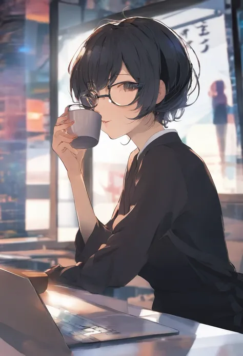 (femele),(short-hair),(small mouth),Black Round Clear Glass Glasses、Eyes narrow and small、profile、Beautie、35 year old、A dark-haired、profile、White wallpaper、Sitting in front of the PC、Drinking coffee