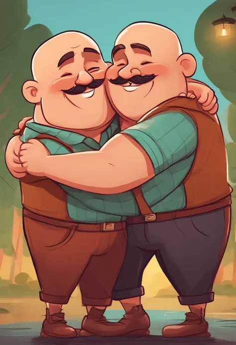 Cartoon character of two chubby hairy bald guys hugging each other and smiling, cute atmosphere, interacial couple