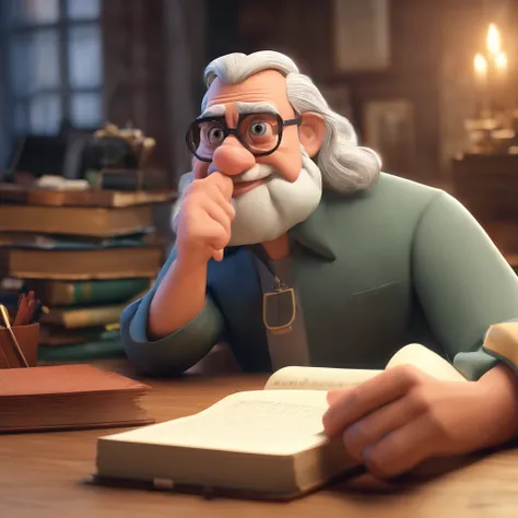 Crie um cartaz inspirado na Disney Pixar com o personagem sendo o pastor Rubens Janier, A gray-haired man wearing glasses, in an office with a Bible on the table