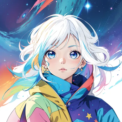 anime girl with white hair and blue eyes in a colorful space, anime girl with cosmic hair, Anime art wallpaper 4k, Anime art wallpaper 4 K, portrait anime space cadet girl, Anime art wallpaper 8 K, style of anime4 K, Anime art style, beautiful anime art st...