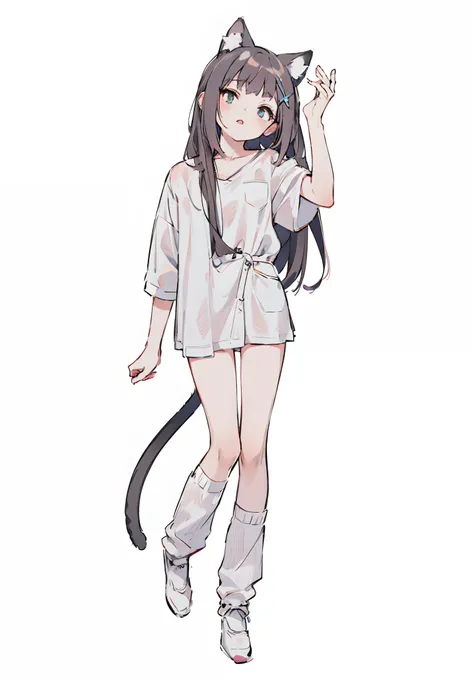 chica anime en un disfraz de gato con una cola de gato, Atractiva chica gato, Anime Catniña, cat girl, Catniña, Chica gato blanco, Beautiful young Catniña, Nekomimi, Linda Catgirl del anime, Hermosa catgirl de anime, gato anime, Full body anime illustratio...