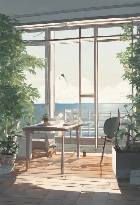 SNS Wallpapers、landscapes、no human figures、inside in room、Monotone and calm room、desk、window、a plant、PC、