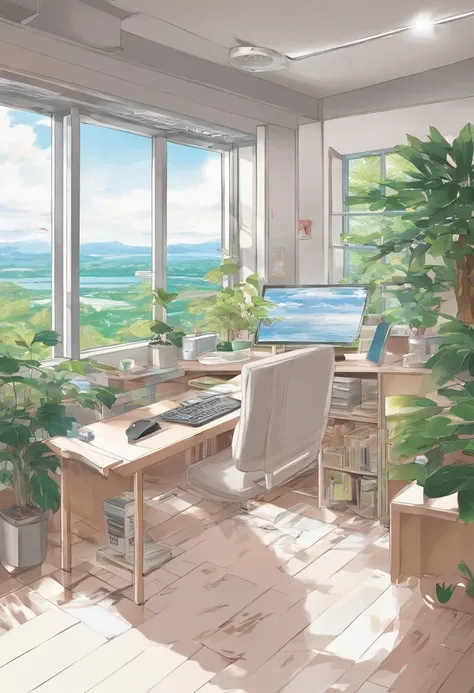 SNS Wallpapers、landscapes、no human figures、inside in room、Monotone and calm room、desk、window、a plant、PC、