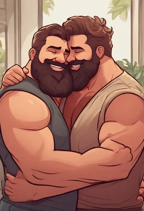 Cartoon character of two chubby muscular hairy bearded guys hugging each other and smiling, cute atmosphere, interacial couple