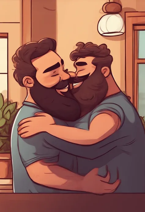 Cartoon character of two chubby muscular hairy bearded guys hugging each other and smiling, cute atmosphere, interacial couple