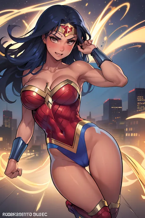 (capa de revista:1.4),texto em negrito,Buscar, Wonderwomanfit, cabelos muito longos, cabelos pretos, cabelo entre os olhos, rabo de cavalo alto, Fechaduras laterais, Olhos azuis, Wonderwoman, roupas brilhantes, impossible bodysuit, Pele apertada, bodysuit ...