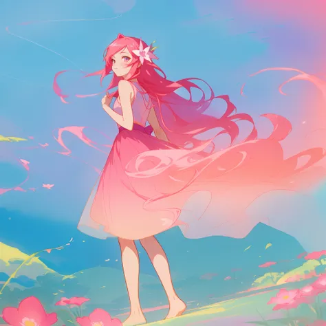 beautiful girl in flowing gradient pink ballgown, long flowing red pink hair, vibrant pastel colors, colorful fantasia background, watercolor illustration, glowing aura around her, fantasia otherworldly landscape plants flowers, beautiful, masterpiece, bes...