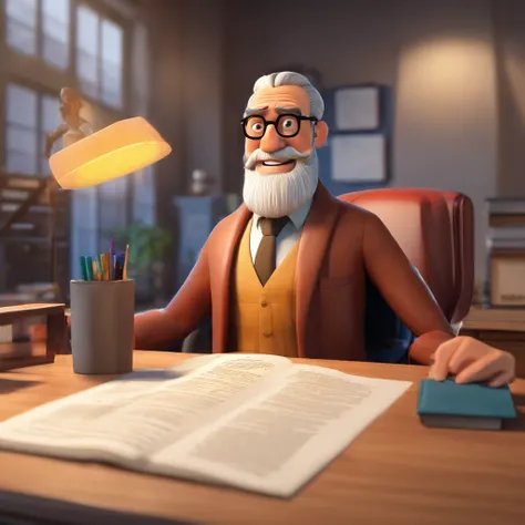 Crie um cartaz inspirado na Disney Pixar com o personagem sendo o pastor, Um homem de cabelos pretos, e barba preta, wearing square glasses, in an office with a Bible on the table, Looking forward and serious