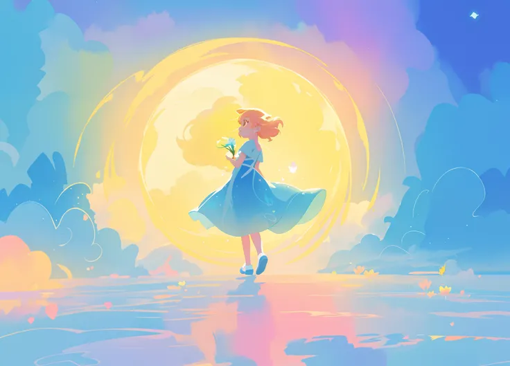 beautiful girl in gradient blue flowing dress walking on an ocean of clouds, glowing sun and colorful sky in the background, ocean in the sky, colorful fantasia background, watercolor illustration, disney art style, glowing aura around her, glowing lights,...