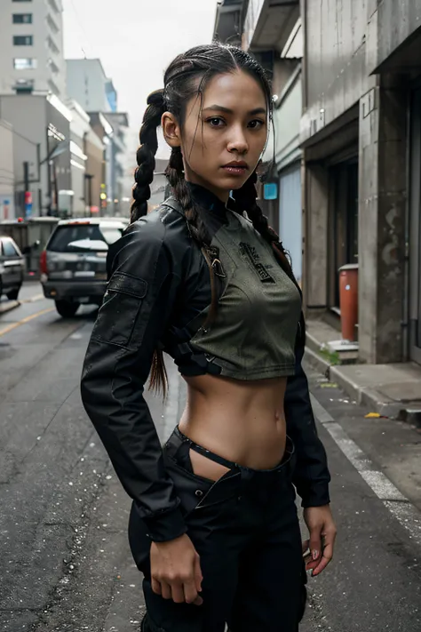 hyper-realistic,strikingly beautiful woman, mixed American and Japanese descent, petite, slim, muscular build, long, dark hair, tight twin braids, reinforced tech cargo gear clothes, Japanese design flair, realistic, natural human proportions, focused expr...