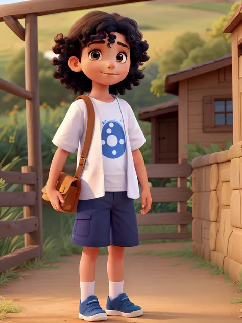 There is a child standing in a rural area, wearing a white shirt with blue details on the sleeves, dark blue shorts, Liberty Day Care School uniform, light brown skin, t-shirt and shorts, ready for printing, frontal portrait, girl with light skin, curly bl...