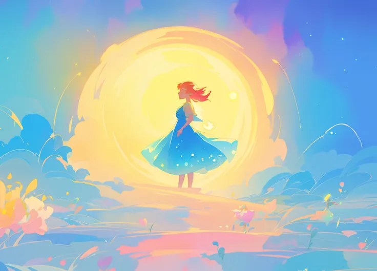 beautiful girl in gradient blue flowing dress walking on an ocean of clouds, glowing sun and colorful sky in the background, ocean in the sky, colorful fantasia background, watercolor illustration, disney art style, glowing aura around her, glowing lights,...