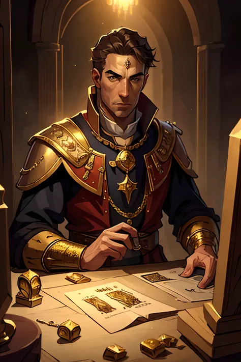 (Very detailed and high quality photos, masterpiece, best quality, 8k, 1080p) Medieval handsome young male merchant surrounded by a piles of gold and jewels