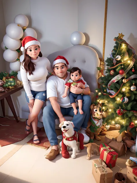 There are two people and a baby sitting in front of a Christmas tree, Happy family, with dog, usando roupas festivas, marido esposa e filho, Estilo Disney Pixar |