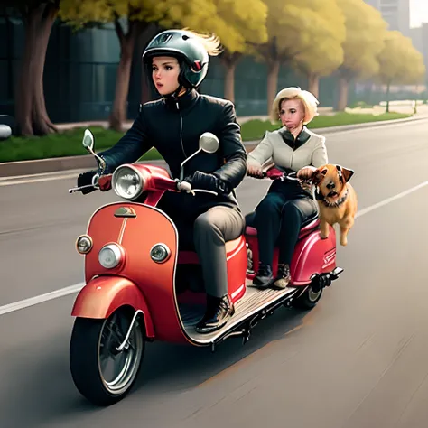 Blonde athletic woman with a Mohawk riding a scooter with a short haired brown haired medium sized terrier in the sidecar