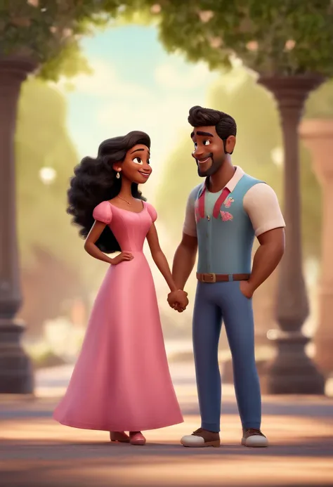 Cartoon character of a couple Disney pixar, couple of 25 year olds, white girl with straight black hair on her shoulders, big eyes, with glasses, wearing a pink dress, next to a boy with a beard, dark skin, straight black hair with a pompadour, brown eyes,...