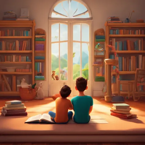 fundo branco, pixar desenhos animados 3D, homem lendo um livro, ::estilo pixar cartoon