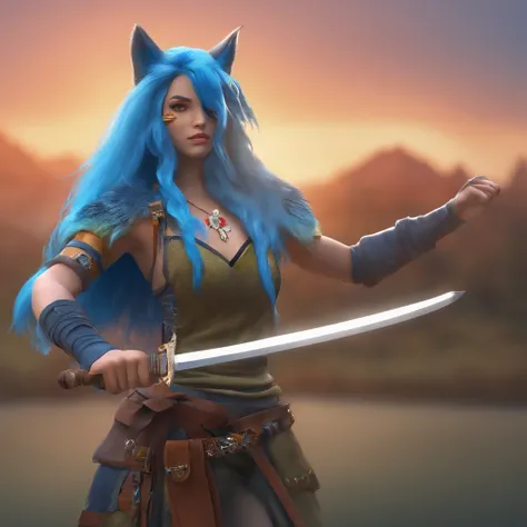 Garota de olhos castanhos escuros, Wolf necklace and with blue hair and with a katana in his hand