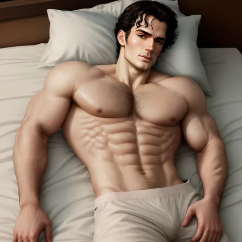 Henry Cavill oiled up and shirtless laying on a bed