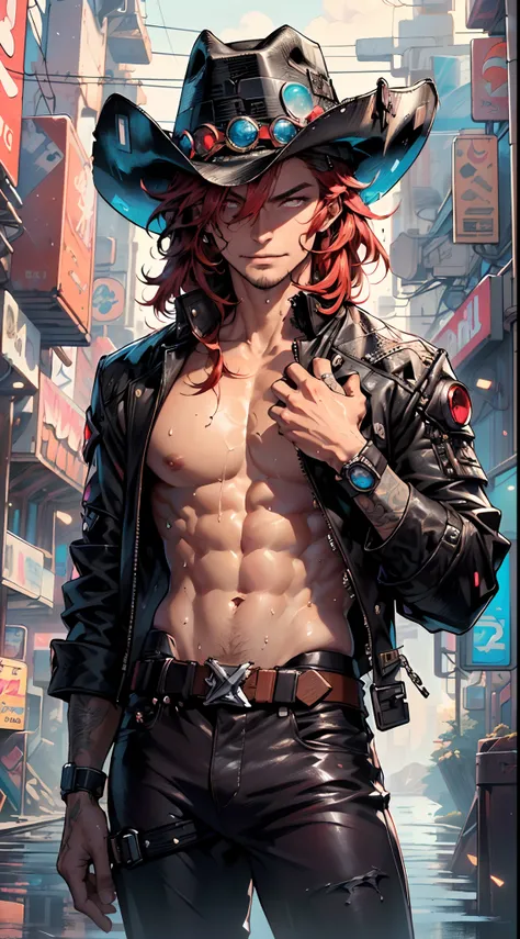 (man:1.5),1 man,cyberpunk gunslinger,(((1man))),((man with messy red hair)),

(((1male,man:1.5,handsome man,male,male gender:1.5,male focus))),macho man,((messy red hair,dark_red_hair,detailed hair,highly detailed hair,red hair,hair over one eye:1.2,dyed i...