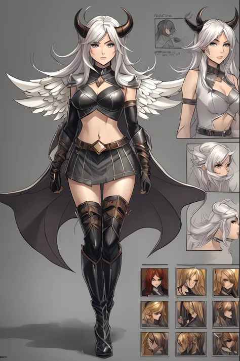 Close-up of a woman in a sexy outfit, wearing a mini skirt, with flowing hems, translucent fabric, ((character concept art)), ((Character design sheet, Same character, front, side, In back)) Character Image, graphic novel character design, adult comics, gr...