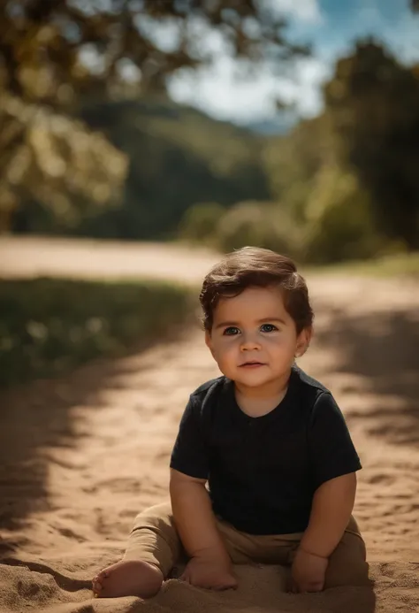 menino: Miguel, aproximadamente 5 anos de idade, cabelo curto estilo Disney, olhos castanhos e sorrisos. garota: Giovana, 2 anos, longos cabelos pretos e olhos azuis. scenecy: Miguel and Giovana are in a cozy little house in the valley, ao fundo um dia ens...