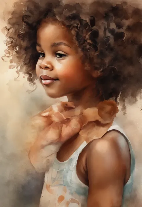 There is a 5-year-old,  com cabelos cacheados sorrindo em um espelho, uma foto de Alexander Brook, pexels, arte de processo, Menina africana de pele clara, lindo bonito, cabelos cacheados, afro encaracolado, bonito bonito, curly middle part haircut, kately...