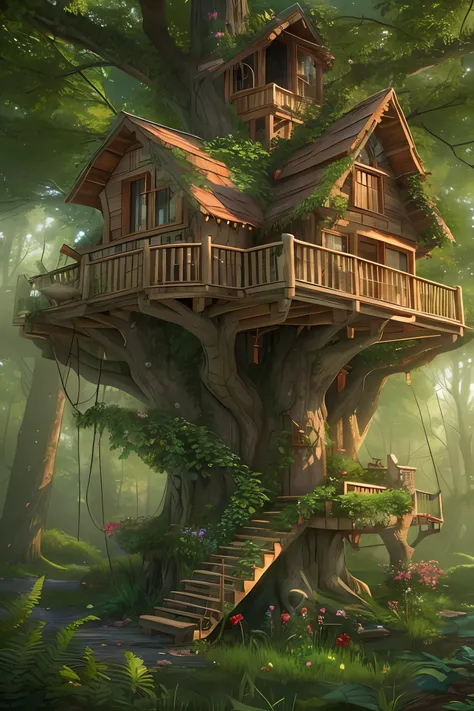 a tree house in the middle of a forest, trending on Artstation, photo pinterest, pleasant cozy atmosphere, 8k highly detailed, cinematc highly detailed