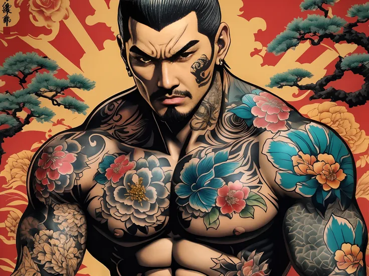 um close up de um homem com tatuagens no peito, tatuagem Yakuza no corpo, Yakuza, Shinkiro Toshiaki Mori, Pop Japonisme 3 D Ultra Detalhado, inspirado em Urakusai Nagahide, Shinkiro, homem tatuado, inspired by Kanō Hōgai, tatuagens orientais, inspirado em ...