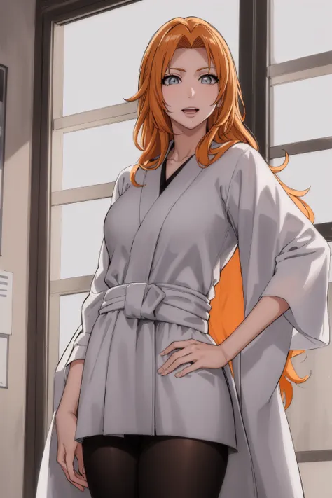 1women,milf, rangikumatsumoto, rangiku matsumoto, long hair, (grey eyes:1.5), orange hair, mole, mole under mouth, parted bangs, open mouth, smile,
BREAK wearing White_kimono,
BREAK indoors, classroom,
BREAK looking at viewer, (cowboy shot:1.5),standing,po...