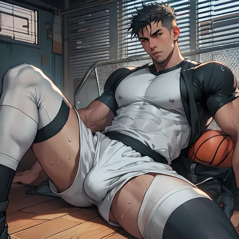 Libido boy，Tong，large pecs，Big bag，Wear white basketball socks，Half recumbent，CG sense，POV perspective，spread their legs，Dark atmosphere，8K,Cinematic lighting effects，Textured skin，best qualtiy，Storytelling images，Storytelling images，dynamic blur，actionpos...