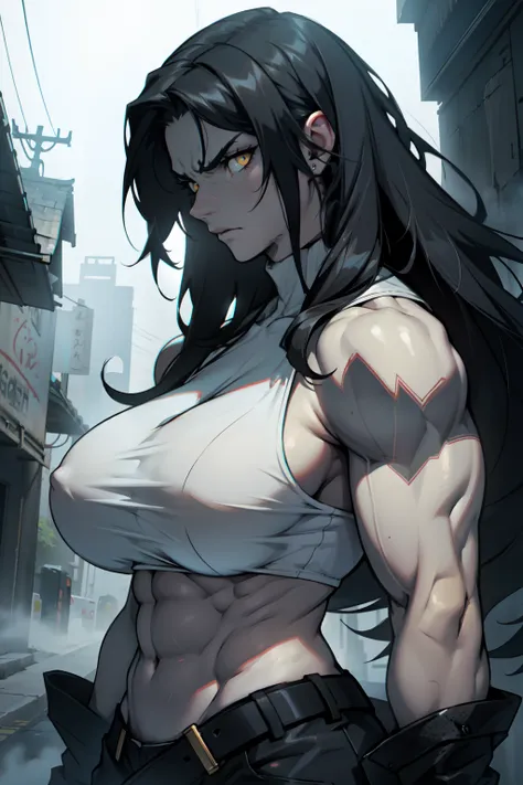 huge tits 1girl black hair yellow eyes very long hair pale skin angry (((muscular))) dark atmosphere foggy