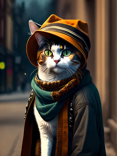 picture of a cat in a hat and scarf, art station trend, dressed in punk clothes, hyper realistic detailed rendering, british gang member, urban style, intimidating pose, planet of cats, fashion clothes, urban samurai, meow, west slavic traits, 8 1 5