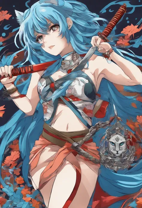 Garota de olhos castanhos escuros, Wolf necklace and with blue hair and with a katana in his hand