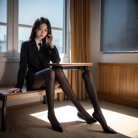 Best quality, Full body view, The feet are in the field of view, Masterpiece,超高分辨率,(Photorealistic:1.4),RAW photo,(Slender legs)(Beautiful hands)(Normal body shape),Dynamic pose,1girll, 16 years old, Pantyhose, No shoes, sitting the desk, Solo,school unifo...