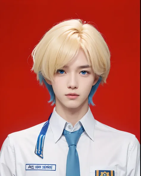 A teenage boy with realistic blonde and blue hair, exactly the same hairstyle, realistic Korean handsome face, realistic cool expression,Realistic bright blue eyes,Adapt the exact same clothes, realistic high school uniforms, realistic light, realistic sha...