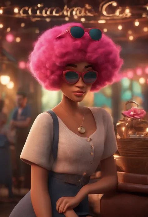 A Disney-Pixar-style 3D movie poster of a 21-year-old woman, black cap, cabelo longo ondulado, camisa longa rosa, oculos redondo escuro, shorte preto,