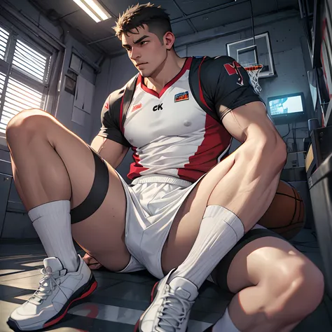 Libido boy，Tong，large pecs，Big bag，Wear white basketball socks，Half recumbent，CG sense，POV perspective，spread their legs，Dark atmosphere，8K,Cinematic lighting effects，Textured skin，best qualtiy，Storytelling images，Storytelling images，dynamic blur，actionpos...