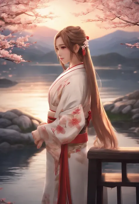 Asuna, Masterpiece, Best quality, Detailed, (1girll), Solo, Detailed golden eyes, Long hair, standing, close to viewer, (Detailed kimono), Light smile, Medium breasts,  (arms back behind), water, Sunset, (hair adornments), (Sakura blossoms),  Snowy mountai...