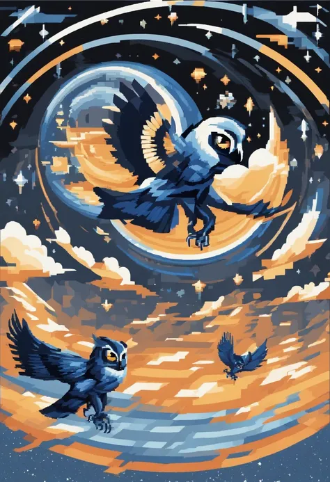 Swirl stars with black owls flying in the moon with blue highlights