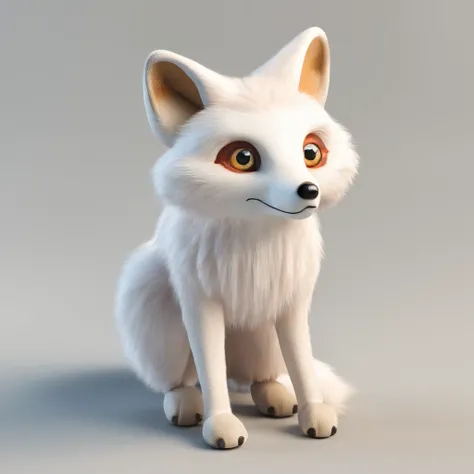 Bipedal white fox doll with a fluffy tail and buttons for eyes