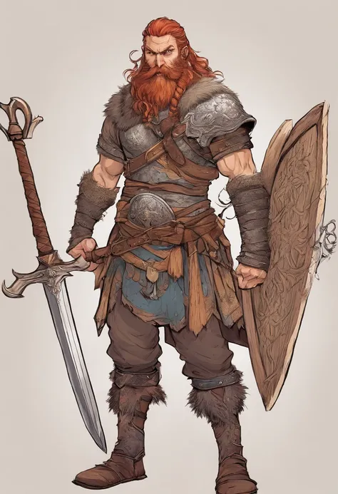 Homem viking alto, armadura detalhada, couro velho gravado Cuirass, projetos intrincados no Cuirass, intrincadas gravuras de Cuirass, postura imponente e poderosa, fierce expression, Red wild mane braided hair and beard, dynamic pose, Intensa cena de batal...