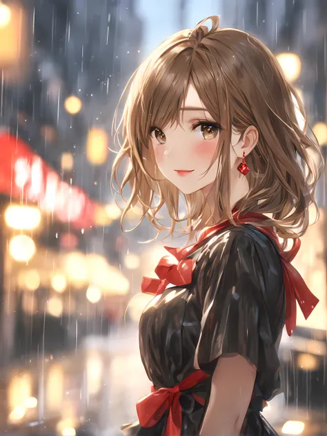 (best quality:1.5, highres, uhd, 8k, detailed lighting, shaders), brown hair, layered hairstyle, red cute ribbon, black cute dre...