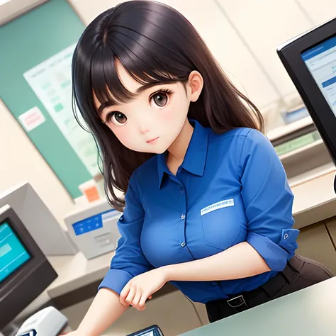 Two-dimensional style Girl with round face Blue shirt and black pants Bank counter staff Slim figure