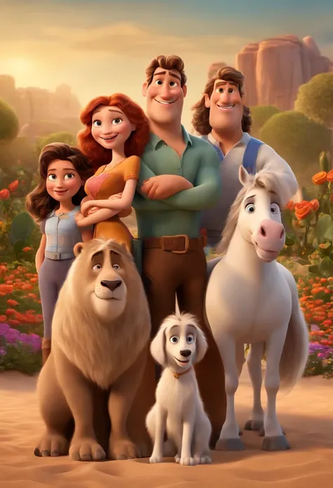 a Disney Pixar movie poster showing a white-skinned family. The father is the tallest, Tem barba curta, loiro, cabelos curtos e espinhosos. The mother has brown eyes and hair, shoulder-length and is slightly overweight. A menina tem 4 anos e cabelos castan...