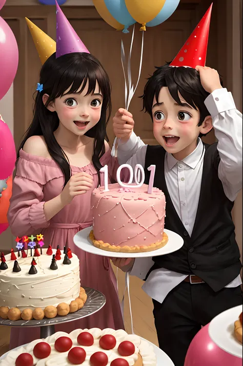 Two white children black hair, 10th Birthday Party childrens names Joshua and Victoria, Pixar style