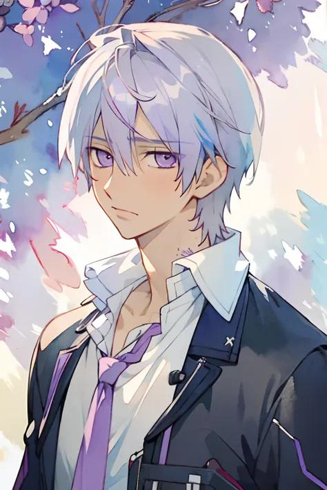 masterpiece, best quality, game cg, 1boy, solo, male focus, looking at viewer, , , (watercolor illustration, soft pastel colors:1.1), , zero_kiryuu, grey hair, purple eyes, , , , 4k resolution