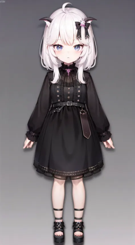 loli, demon, short, white hair, looking at viewer, no expression, full body, black skirt, hidden hands, demon tail