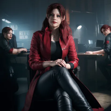 Best quality, ((Claire redfield from resident evil)), woman 40 years old, long red hair, black jeans, beautiful face, red long coat,little smile expression